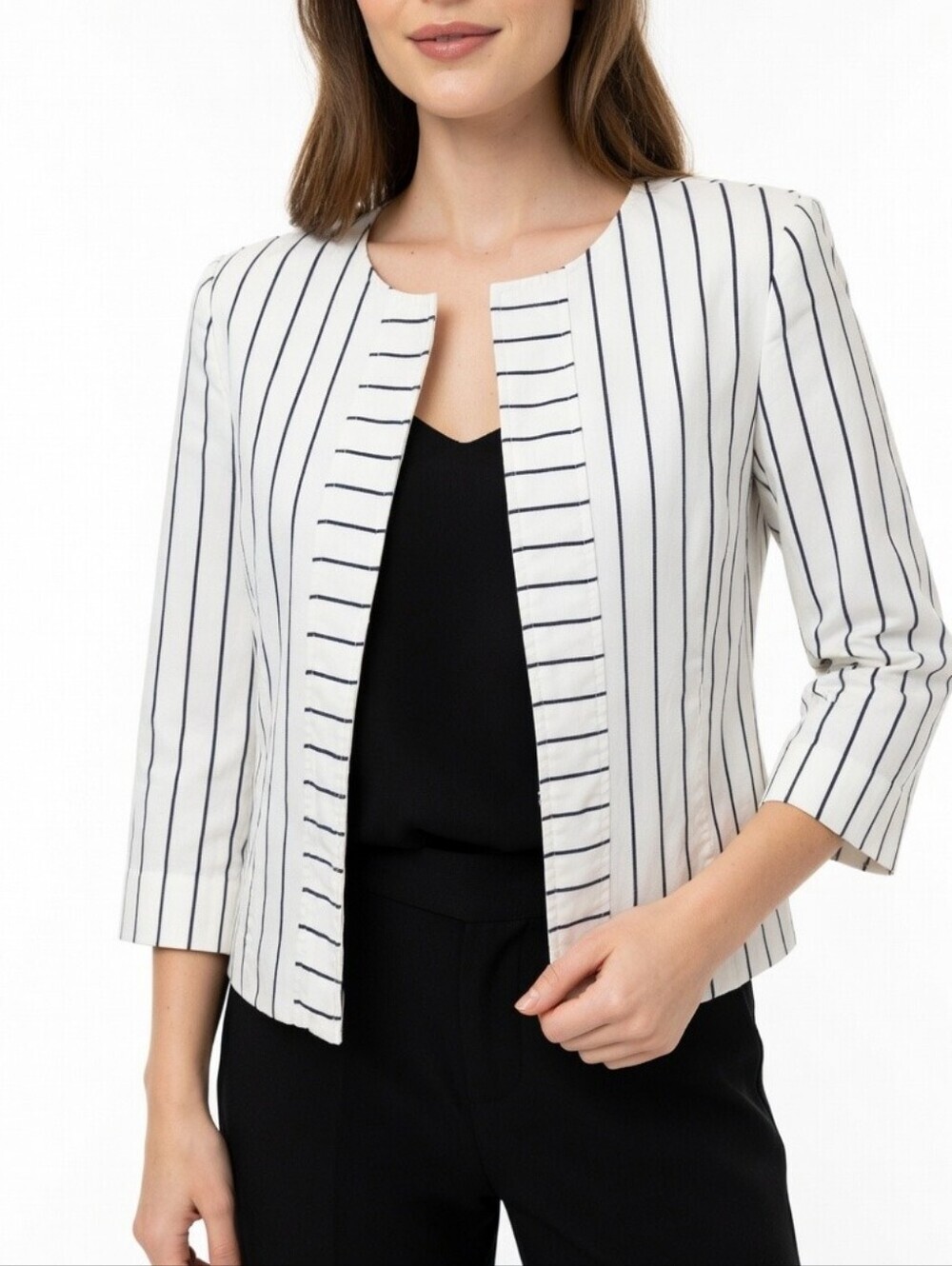 Tahari Women's White Black Striped Open-Front Blazer Jacket Size 4